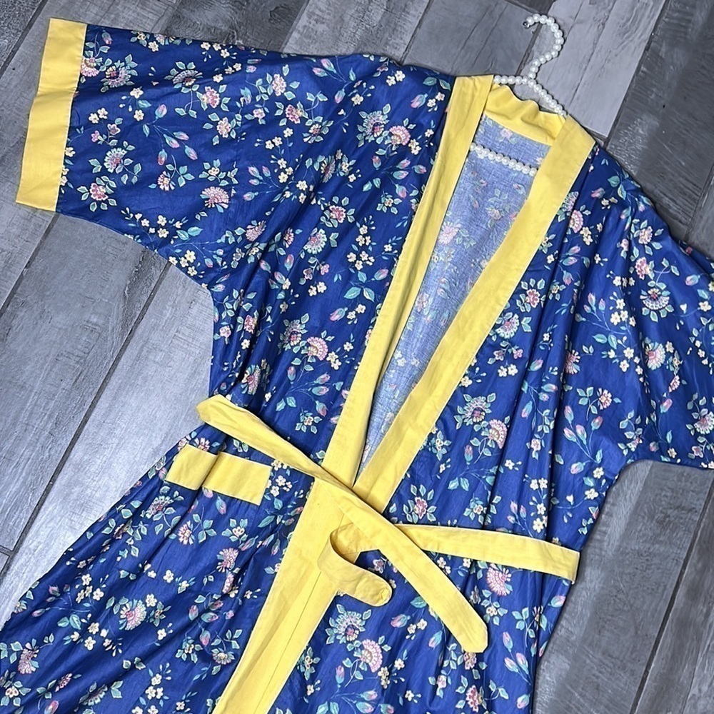 Vintage French cotton blue yellow floral house dressing robe and matching belt